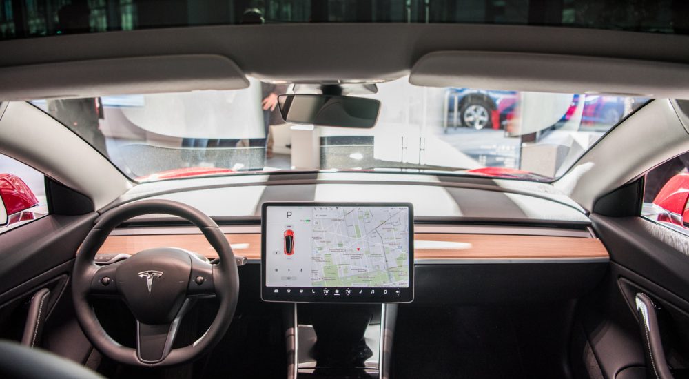 WASHINGTON, DC - JANUARY 26: A interior dash view of Tesla's new Model 3 car on display is seen on Friday, January 26, 2018, at the Tesla store in Washington, D.C. (Photo by Salwan Georges/The Washington Post via Getty Images)