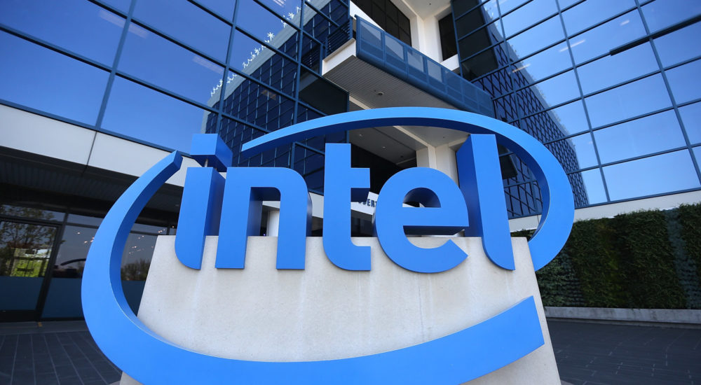 SANTA CLARA, CA - APRIL 26:  The Intel logo is displayed outside of the Intel headquarters on April 26, 2018 in Santa Clara, California.  Intel will report first quarter earnings today after the closing bell.  (Photo by Justin Sullivan/Getty Images)