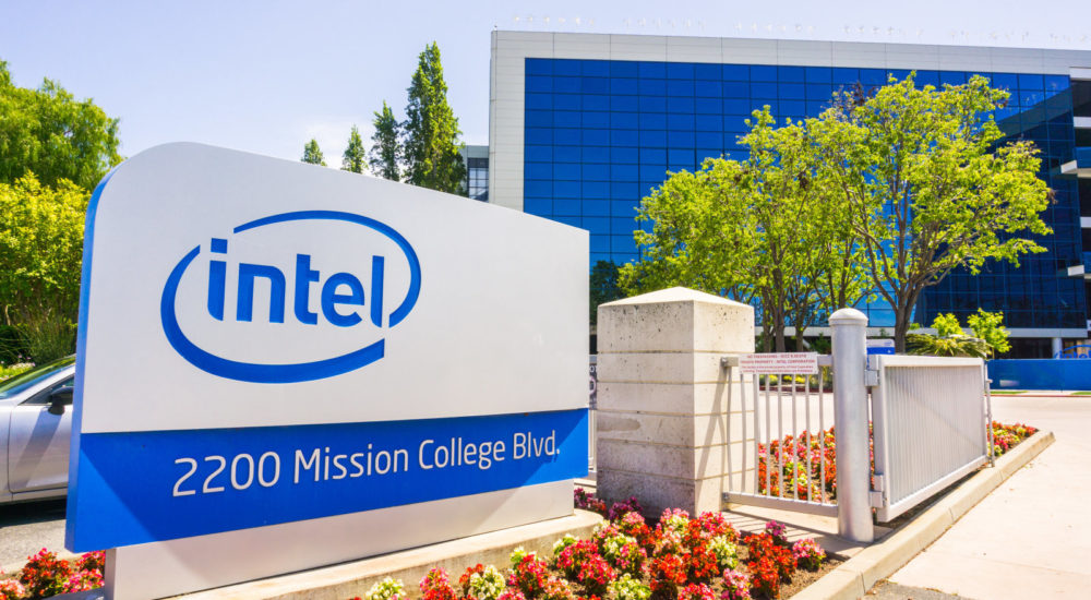 May 3, 2018 Santa Clara / CA / USA - Intel sign located in front of the entrance to the offices and museum located in Silicon Valley, south San Francisco bay area
