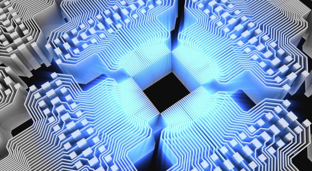Quantum computer. Conceptual computer artwork of electronic circuitry with blue light passing through it, representing how data may be controlled and stored in a quantum computer.