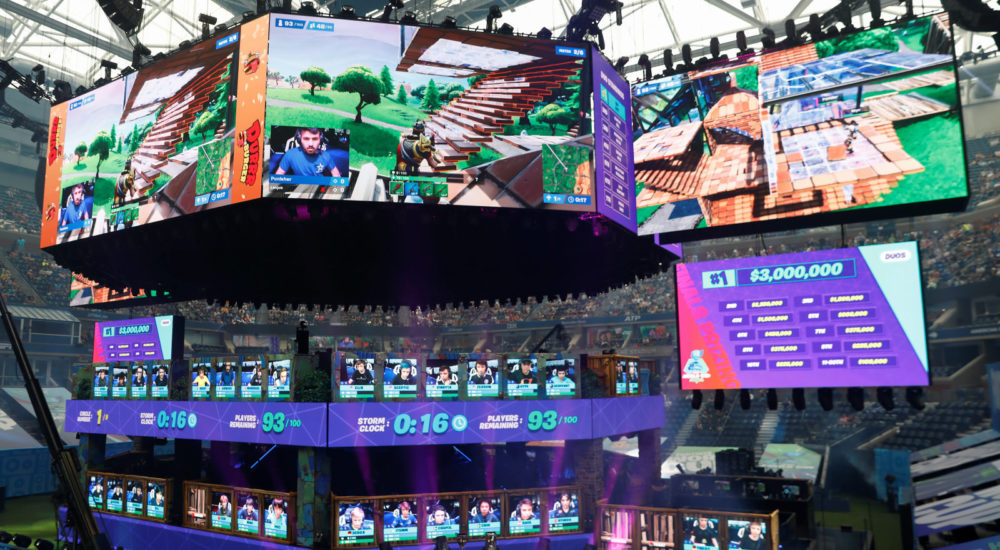 Contestants compete during the Fortnite World Cup Duos Finals at Flushing Meadows Arthur Ashe stadium in the Queens borough of New York, U.S., July 27, 2019.  REUTERS/Shannon Stapleton