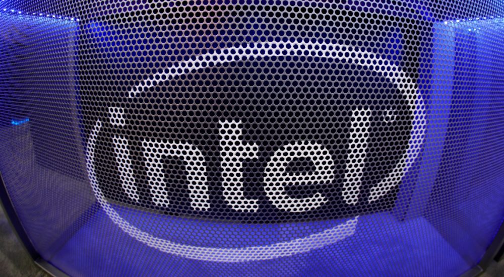 FILE PHOTO: Computer chip maker Intel's logo is shown on a gaming computer display during the opening day of E3, the annual video games expo revealing the latest in gaming software and hardware in Los Angeles, California, U.S., June 11, 2019.  REUTERS/Mike Blake/File Photo  GLOBAL BUSINESS WEEK AHEAD