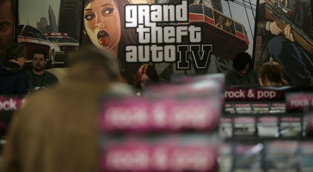 A view of a store promoting the new Grand Theft Auto computer game, Grand Theft Auto IV in London, Tuesday, April 29, 2008, on the day of it's worldwide release, with the exception of Japan. It is the ninth title in the Grand Theft Auto series and the first in its fourth generation. (AP Photo/Nathan Strange)